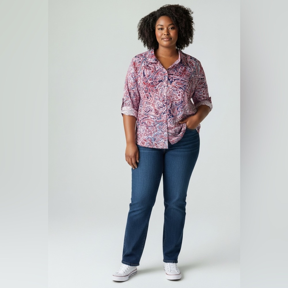 Talbots Red, White and Blue Paisley 2x Blouse